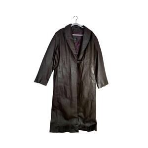 N.Y.D.A Adult Large Brown Leather Trench Coat Button Grunge Statement Overcoat
